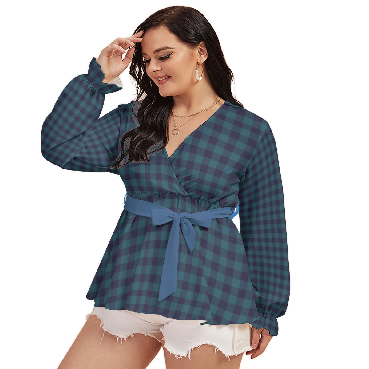 Blue Gingham All-Over Print Women's V-neck T-shirt With Waistband (Plus Size)