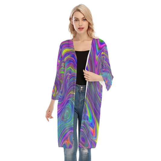 Abstract With Blue All-Over Print Women's V-neck Mesh Cardigan