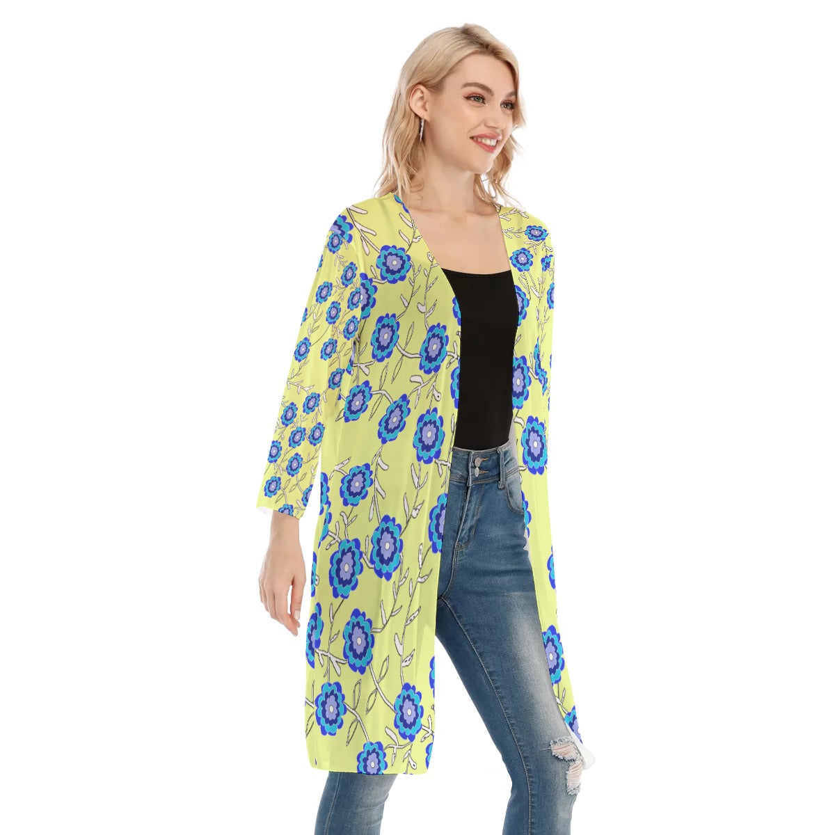 Blue Flowers On Yellow All-Over Print Women's V-neck Mesh Cardigan