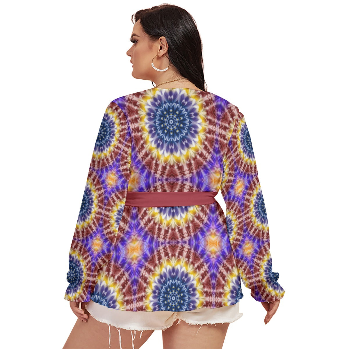Rainbow Flower Kaleidoscope All-Over Print Women's V-neck T-shirt With Waistband (Plus Size)
