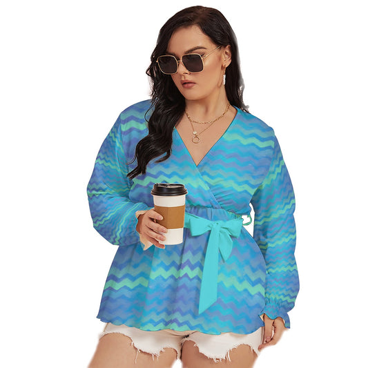 Blue Green Mermaid Stripes All-Over Print Women's V-neck T-shirt With Waistband (Plus Size)