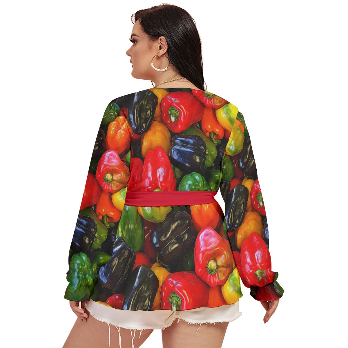 Colorful Bell Peppers All-Over Print Women's V-neck T-shirt With Waistband (Plus Size)