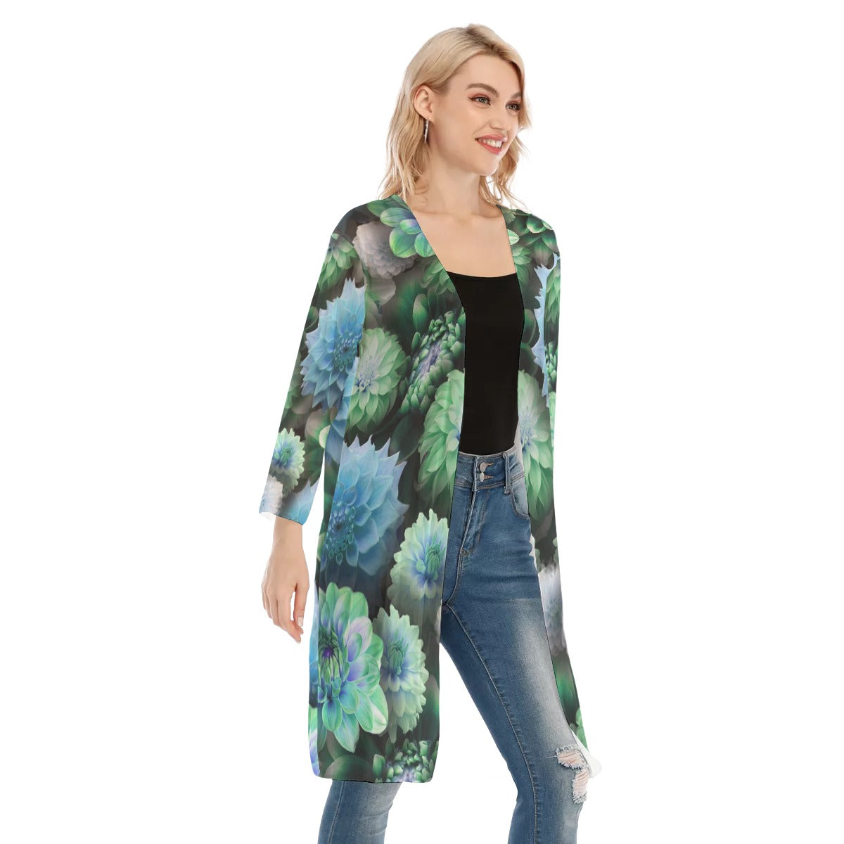 Blue Green Dahlias All-Over Print Women's V-neck Mesh Cardigan