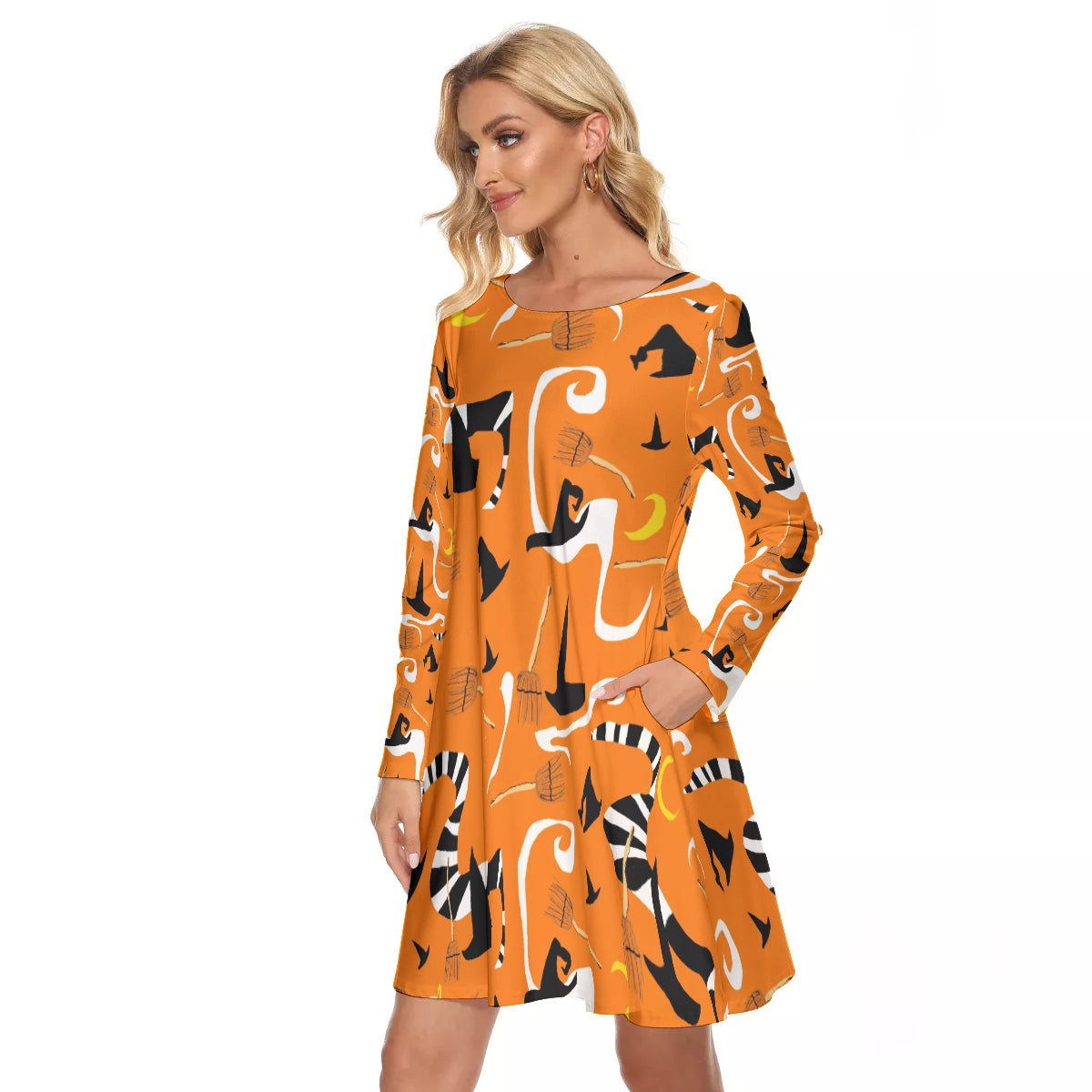 Witches Hats and Brooms All-Over Print Women's Crew Neck Dress