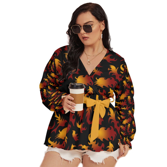 Abstract Flames Pattern All-Over Print Women's V-neck T-shirt With Waistband (Plus Size)
