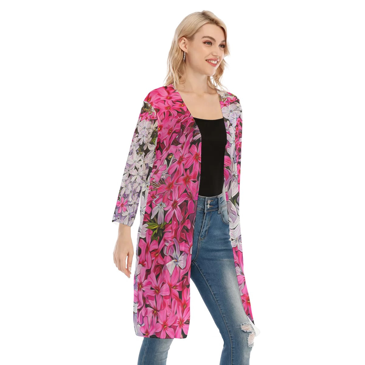Pink and White Phlox All-Over Print Women's V-neck Mesh Cardigan
