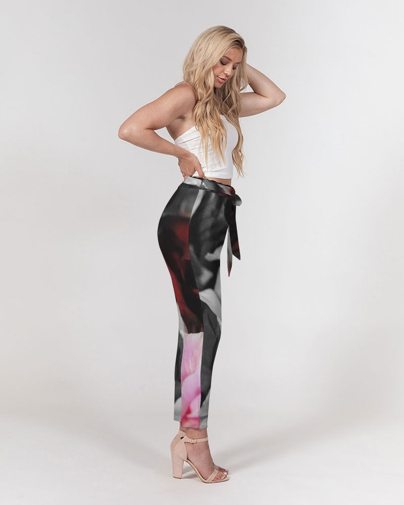 Black and White Roses Fade Women's Belted Tapered Pants