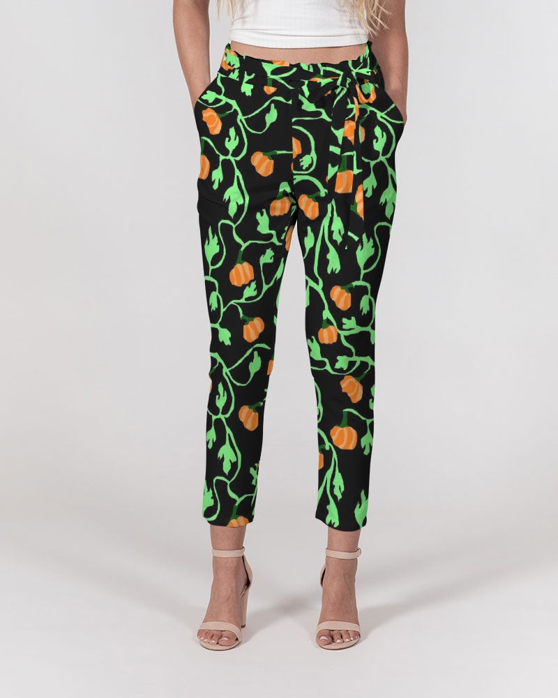 Pumpkin and Vines Patttern Women's Belted Tapered Pants