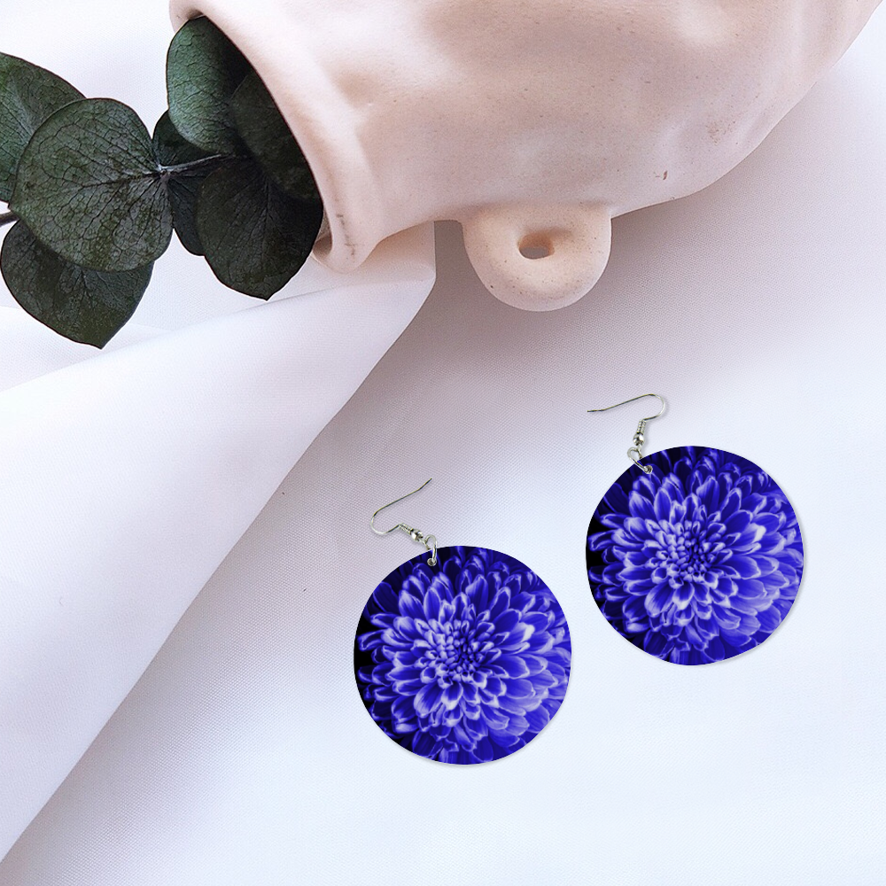 Blue Chrysanthemum Earrings Custom Geometric Round Wooden Earrings Ethnic Style