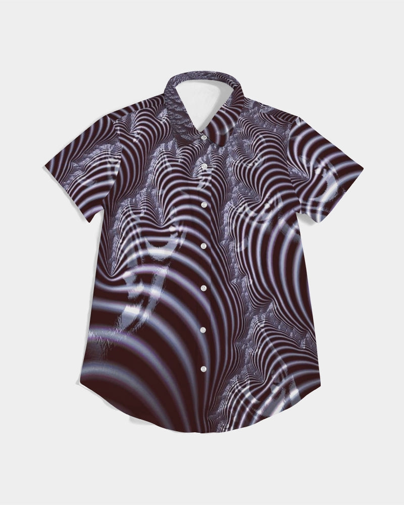 Black and White Spiral Fractal Women's Short Sleeve Button Up