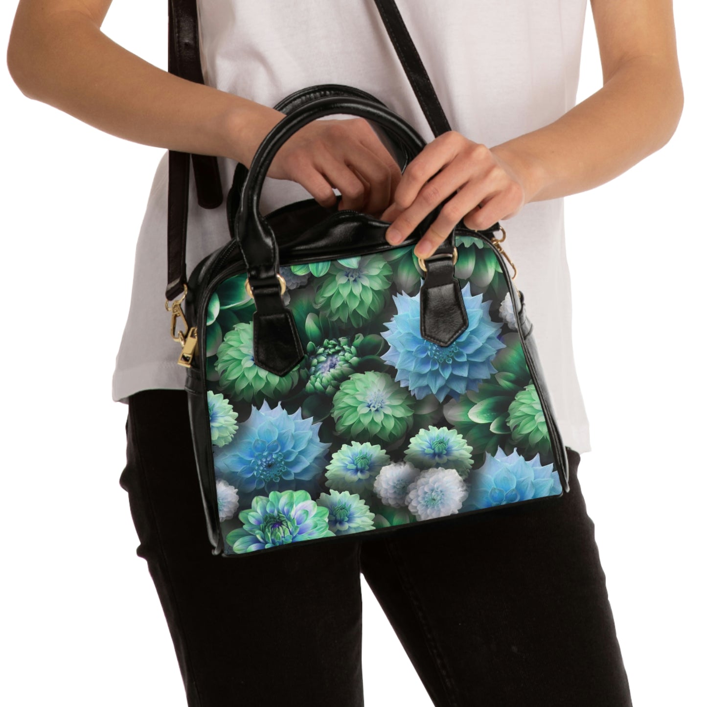 Blue Green Dahlias Collage Shoulder Handbag