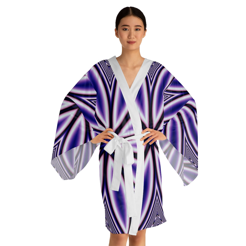 Blue Fractal Flower Kaleidoscope Long Sleeve Kimono Robe