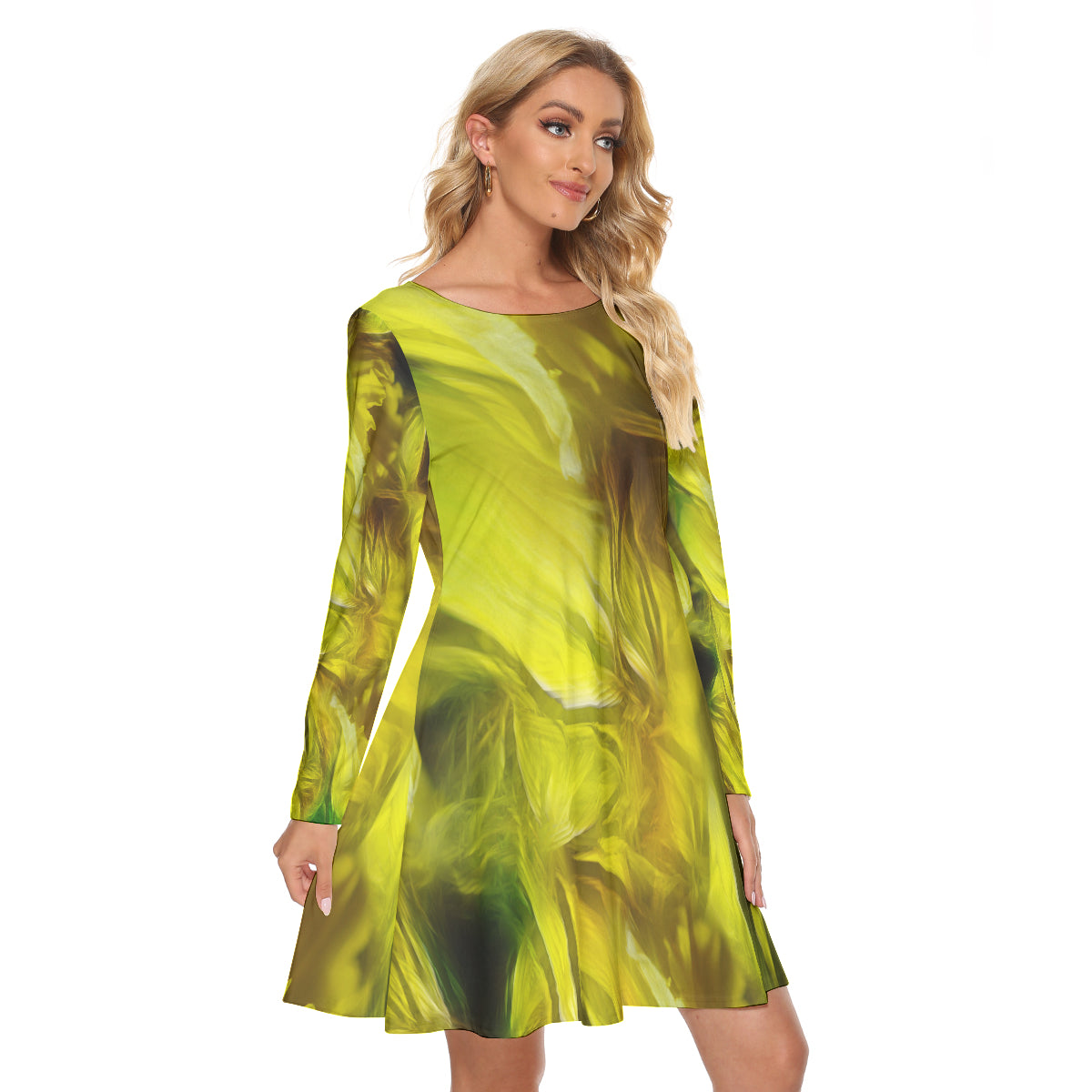 Yellow Daffodils All-Over Print Women's Crew Neck Dress