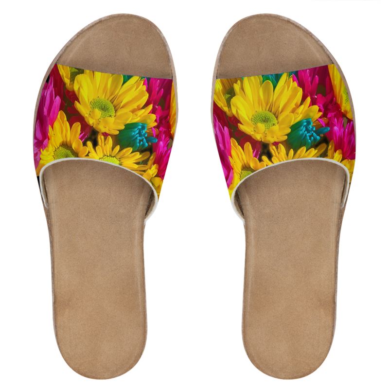 Bright Spring Daisies Leather Sliders