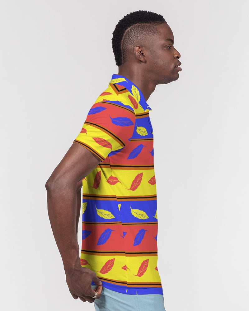 Red Yellow and Blue Leaf Stripes Men's Slim Fit Short Sleeve Polo