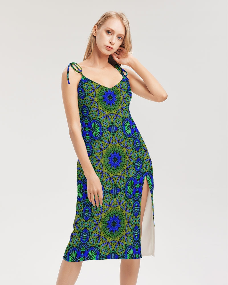 Blue Green Celtic Kaleidoscope Women's Tie Strap Split Dress