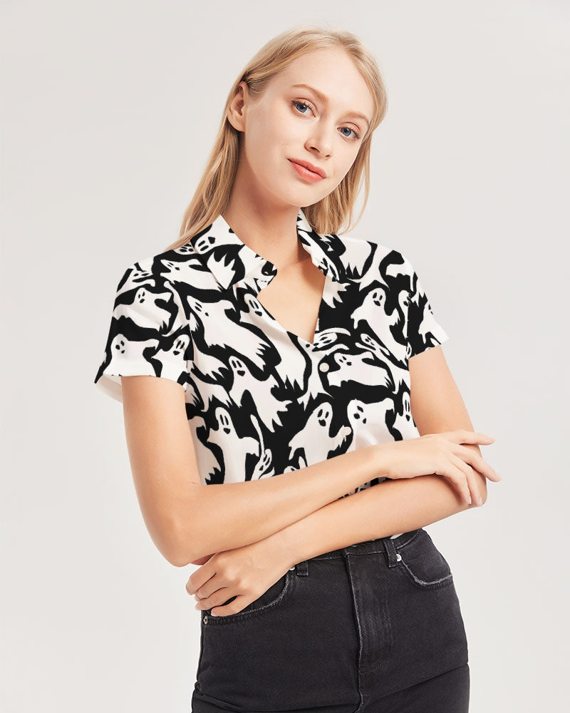 Ghosts Pattern Women's Short Sleeve Button Up