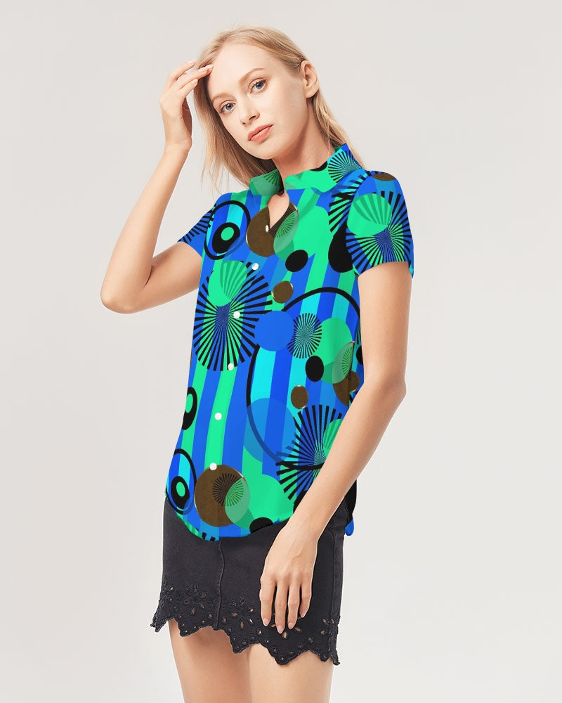 Blue Green Stripes and Dots Women's Short Sleeve Button Up