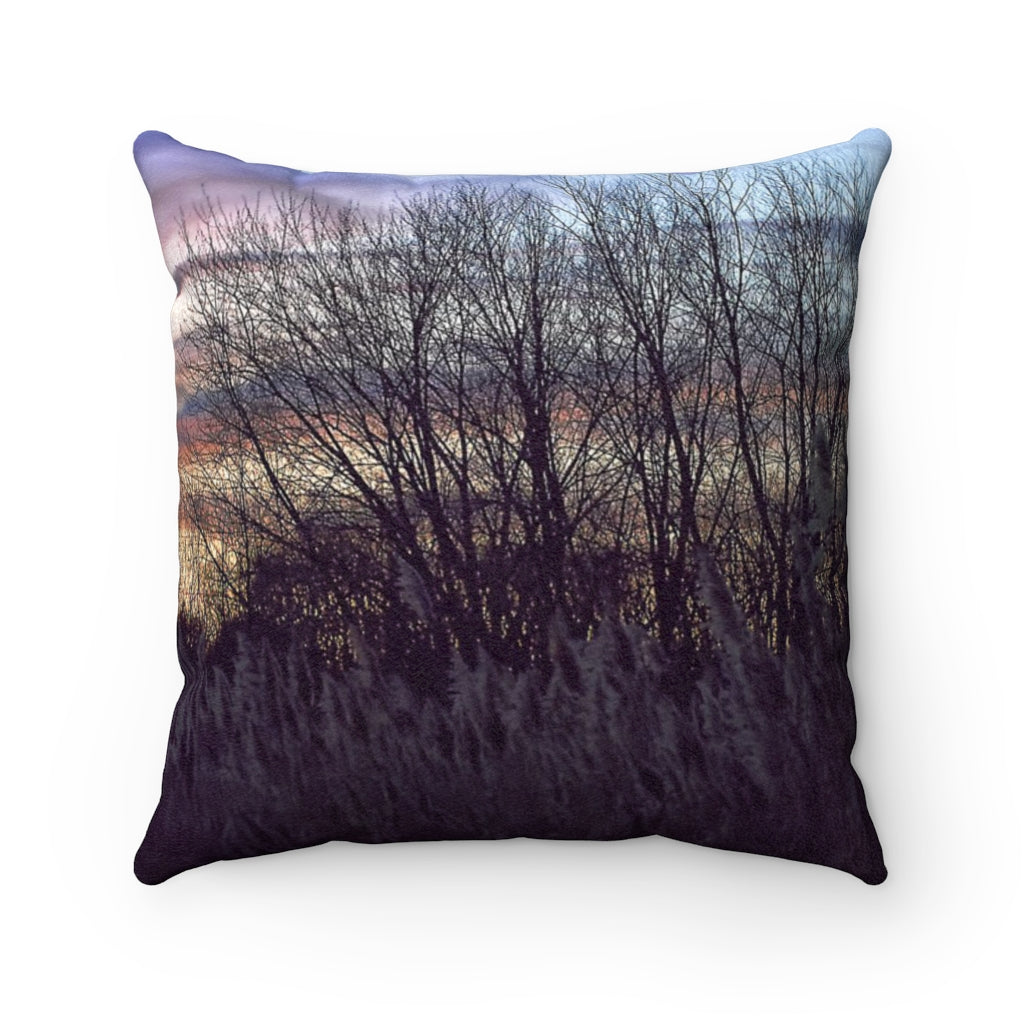 Fall Sunset In a Grassy Field Faux Suede Square Pillow