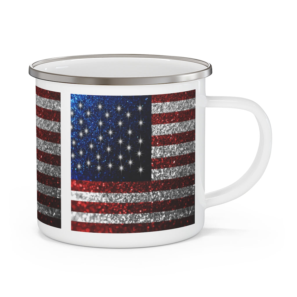 American Flag In Glitter Enamel Camping Mug