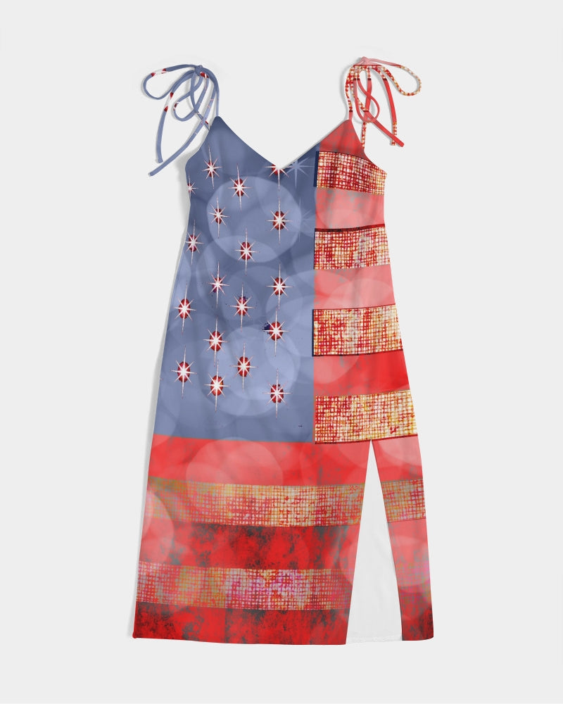 American Flag In Bokeh Light Women's Tie Strap Split Dress