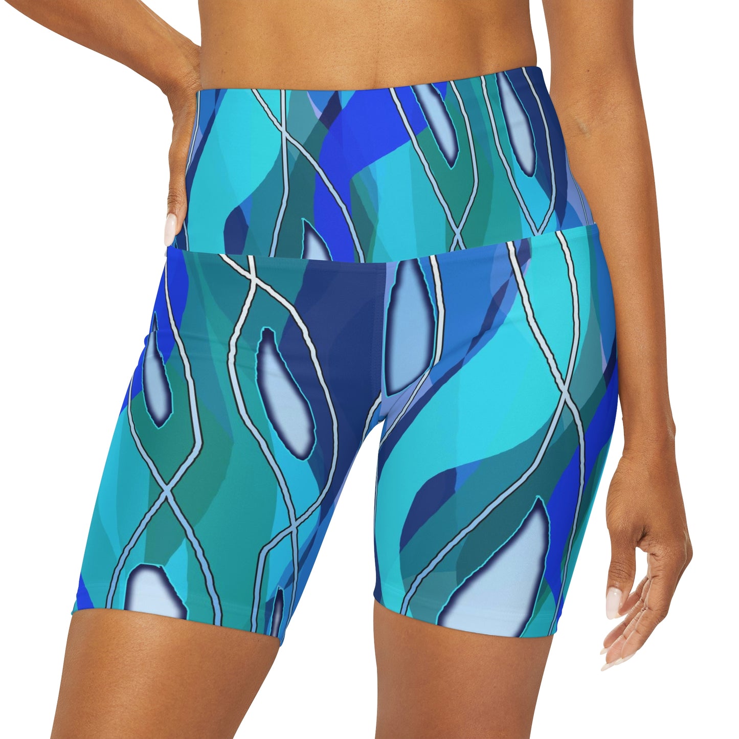 Wavy Blue Abstract High Waisted Yoga Shorts (AOP)