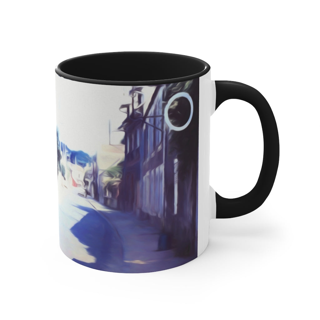 Vintage Travel Blue Car on Street Accent Coffee Mug, 11oz