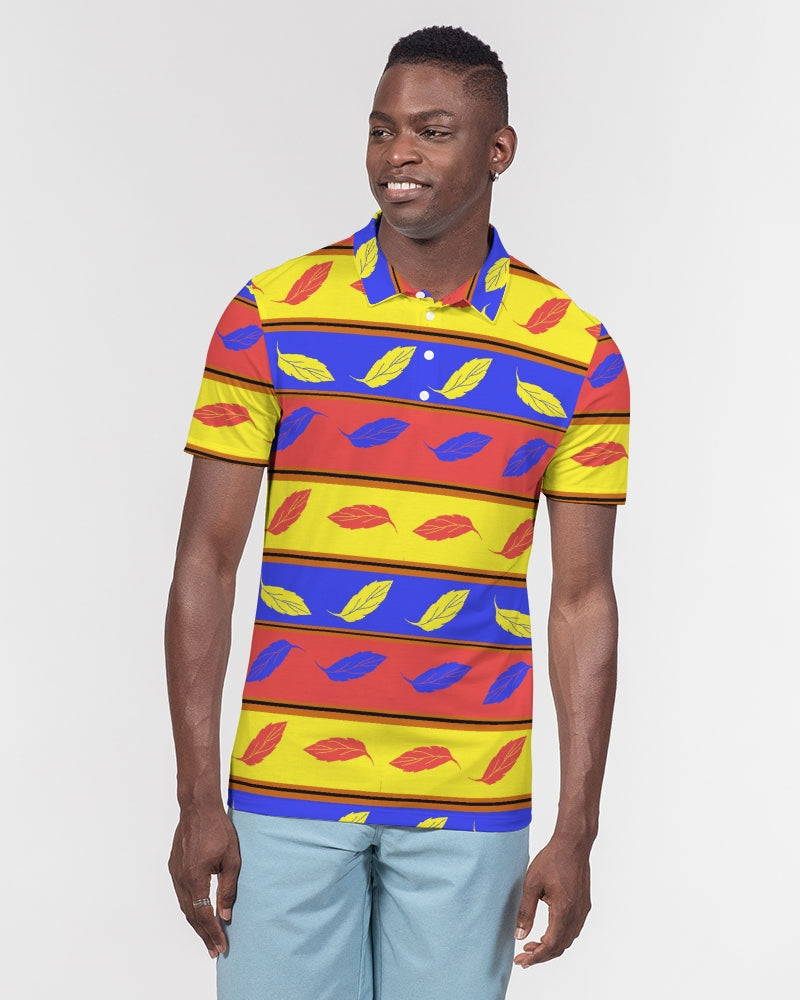 Red Yellow and Blue Leaf Stripes Men's Slim Fit Short Sleeve Polo