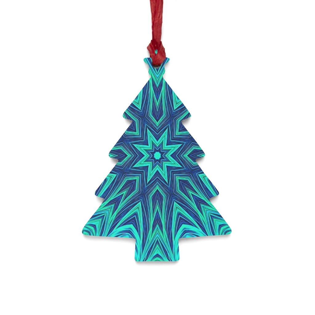 Blue Ice Fractal Kaleidoscope Wooden Christmas Ornaments