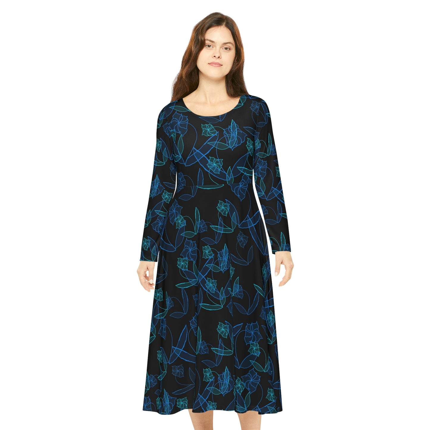 Blue Lillies On Black Women's Long Sleeve Dance Dress (AOP)