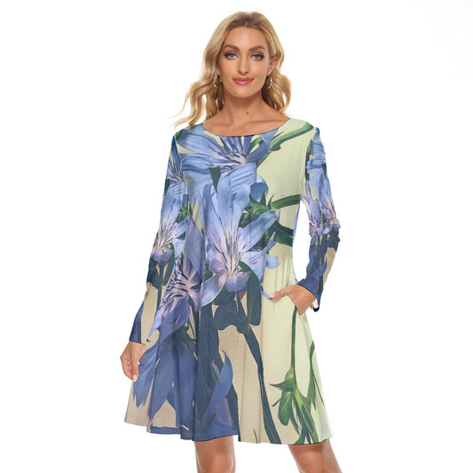 Blue Wildflower All-Over Print Women's Crew Neck Dress