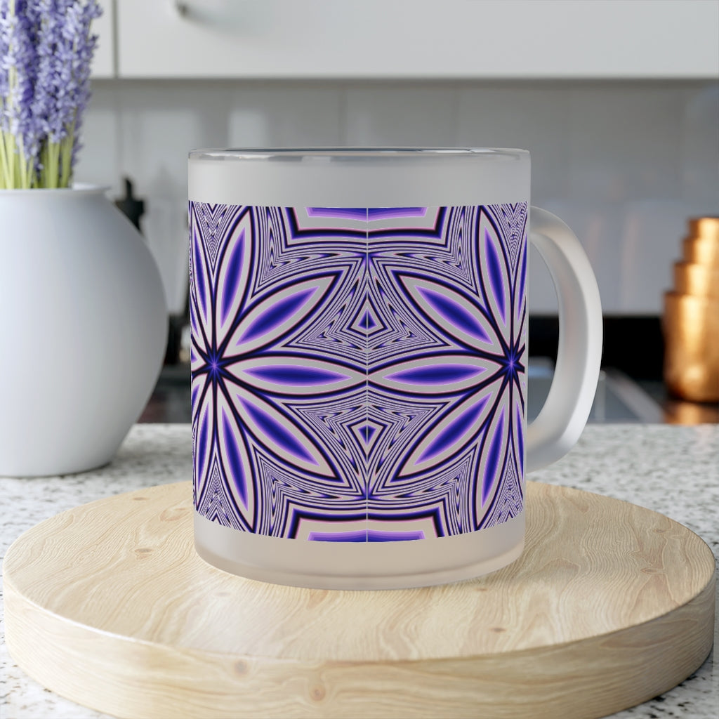 Blue Fractal Flower Kaleidoscope Frosted Glass Mug