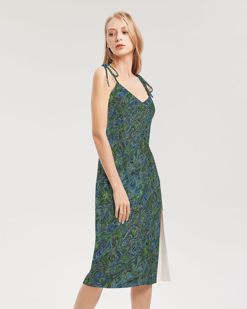 Blue Green Liquid Marbling Women's Tie Strap Split Dress