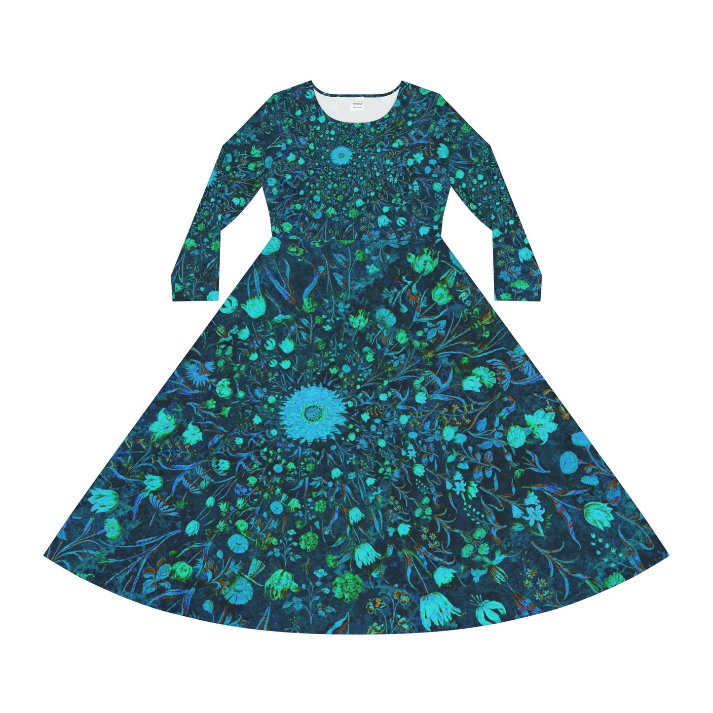 Blue Green Medieval Flowers Women's Long Sleeve Dance Dress (AOP)