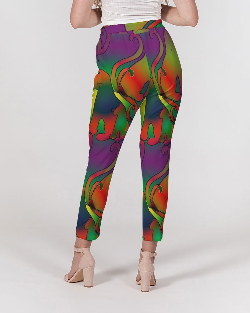 Abstract Rainbow Cats Pattern Women's Belted Tapered Pants