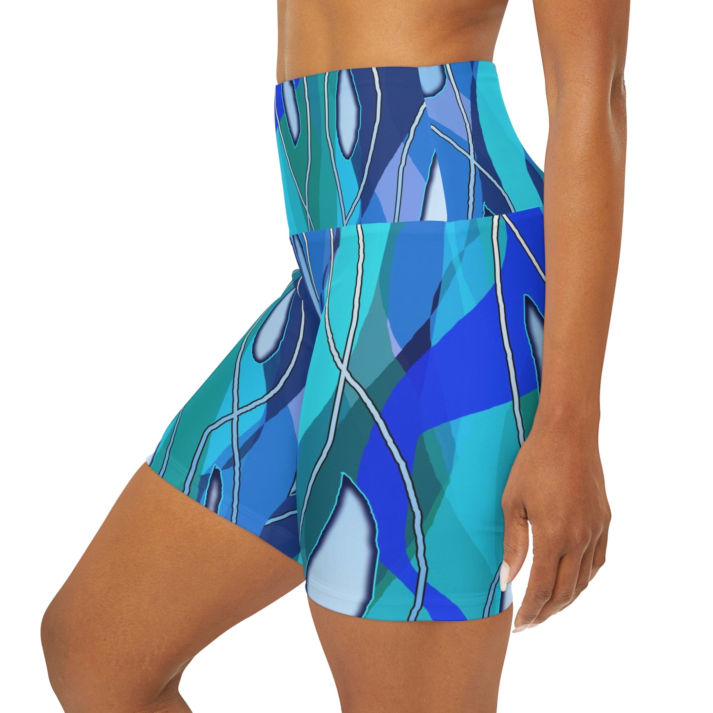 Wavy Blue Abstract High Waisted Yoga Shorts (AOP)