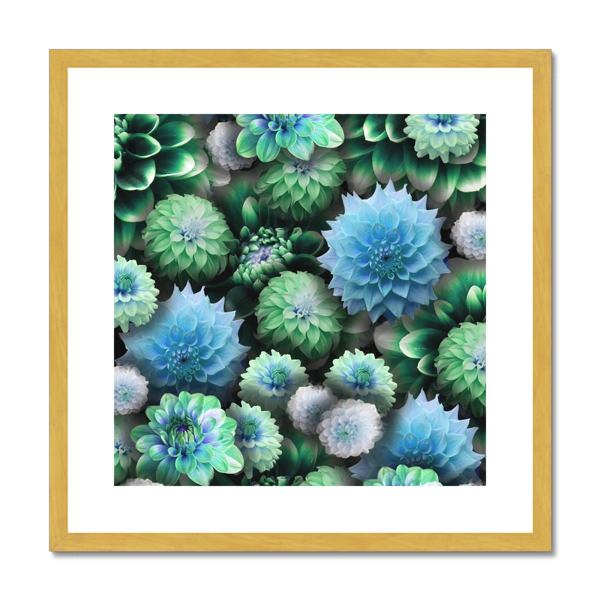 Blue Green Dahlias Antique Framed & Mounted Print