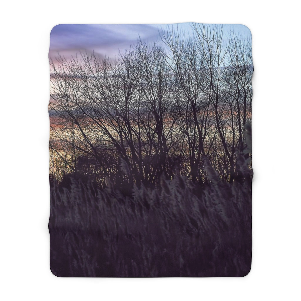 Fall Sunset In A Grassy Field Sherpa Fleece Blanket