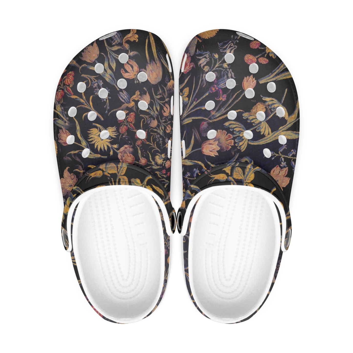 Medieval Flowers On Black 413. All Over Printed Clogs