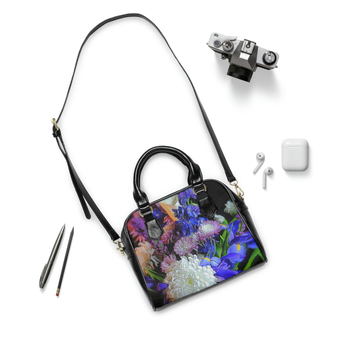 Blue White Purple Bouquet Shoulder Handbag