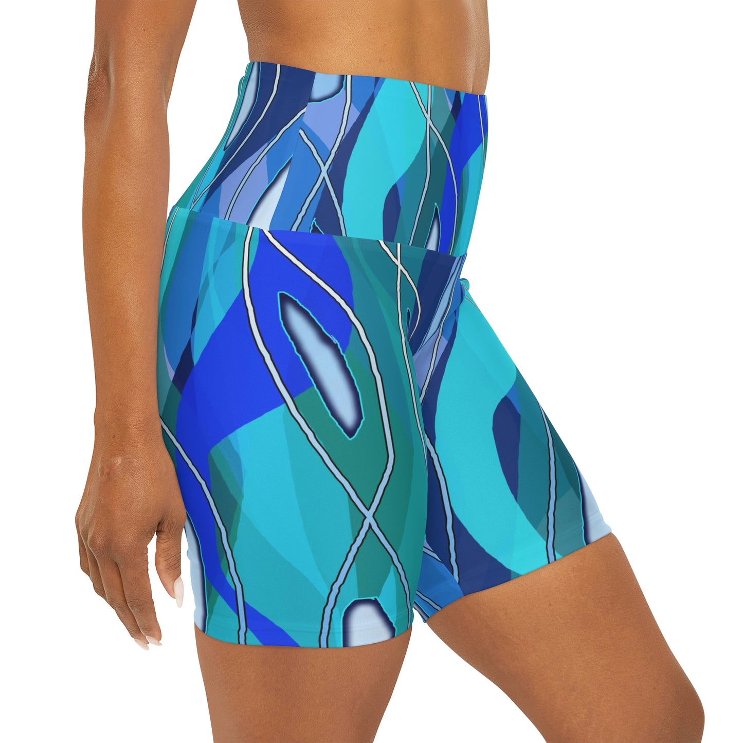 Wavy Blue Abstract High Waisted Yoga Shorts (AOP)