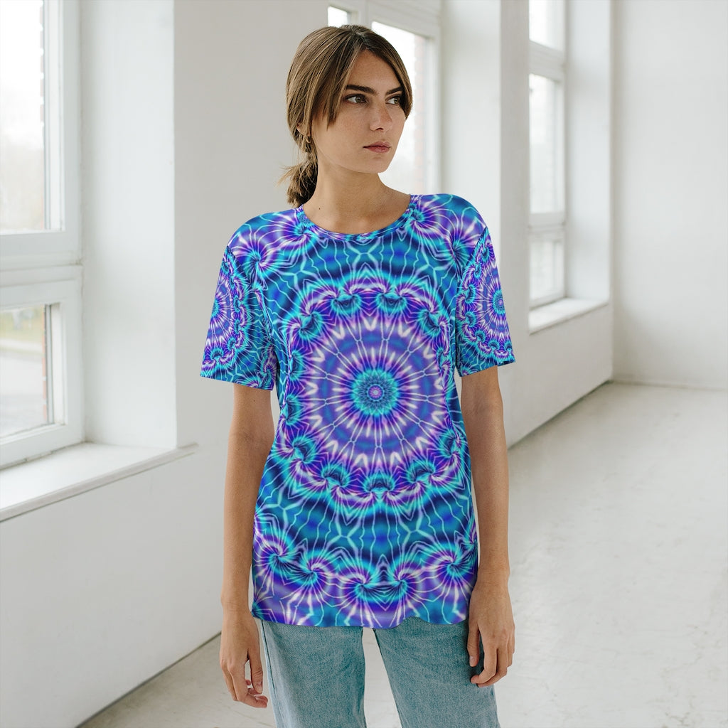 Blue and Purple Tie Dye Kaleidoscope Unisex AOP Cut & Sew T-Shirt