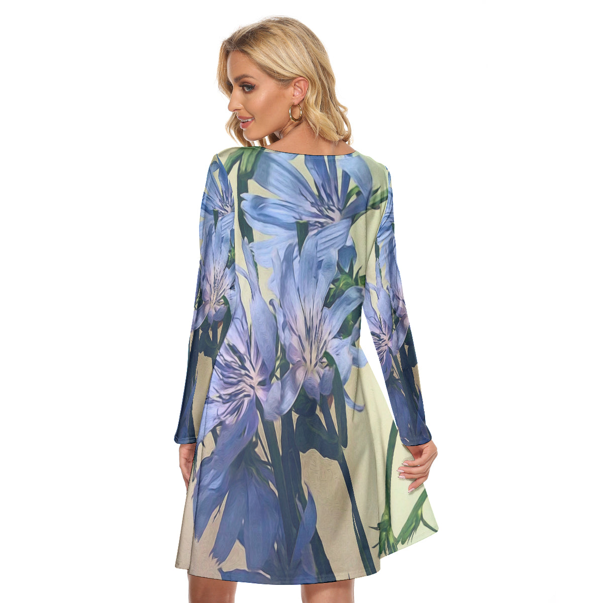 Blue Wildflower All-Over Print Women's Crew Neck Dress