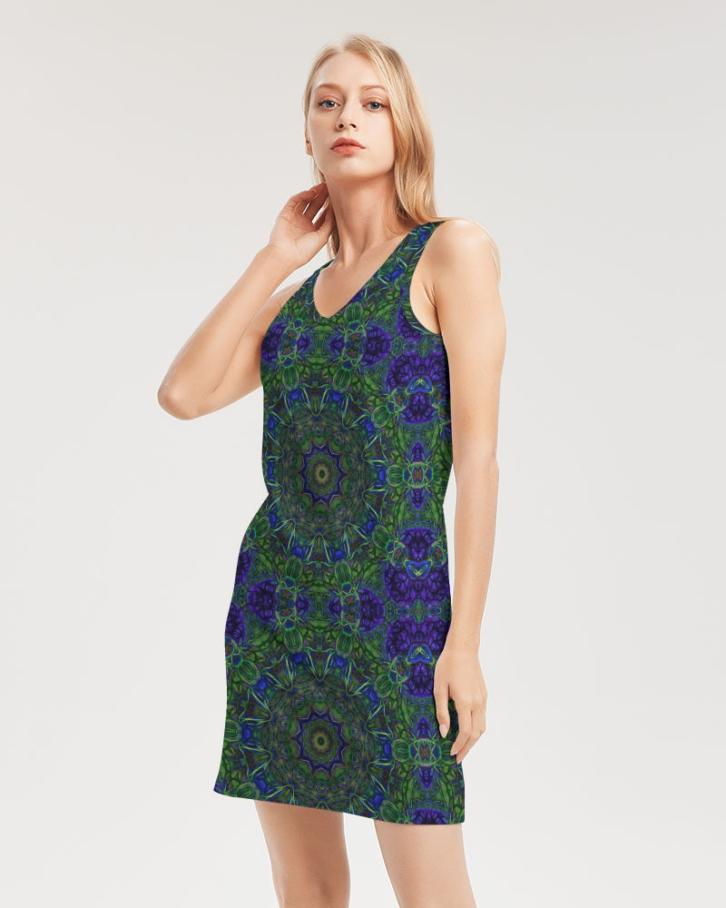 blue Green Ribbon Kaleidoscope Women's Rib Knit V Neck Mini Dress