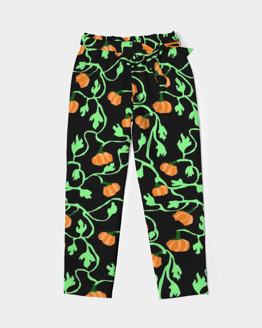 Pumpkin and Vines Patttern Women's Belted Tapered Pants