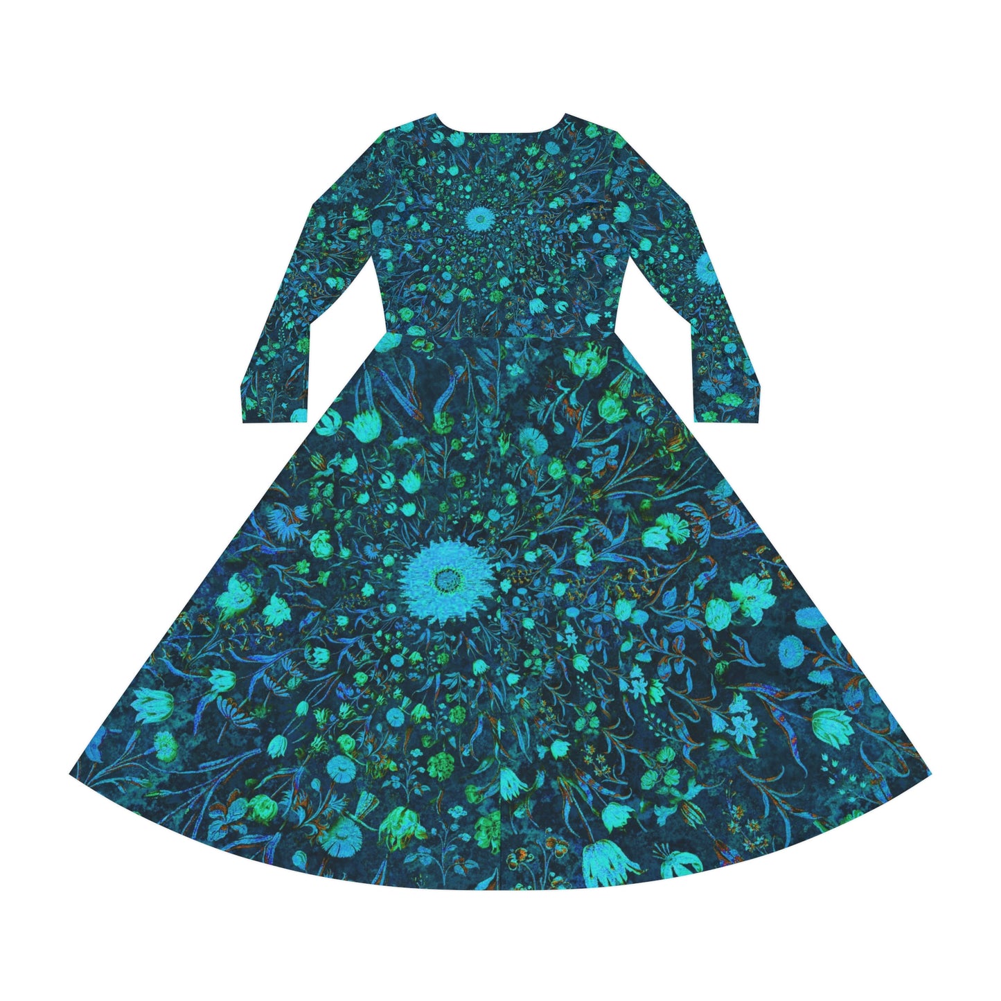 Blue Green Medieval Flowers Women's Long Sleeve Dance Dress (AOP)