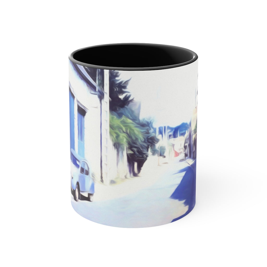 Vintage Travel Blue Car on Street Accent Coffee Mug, 11oz