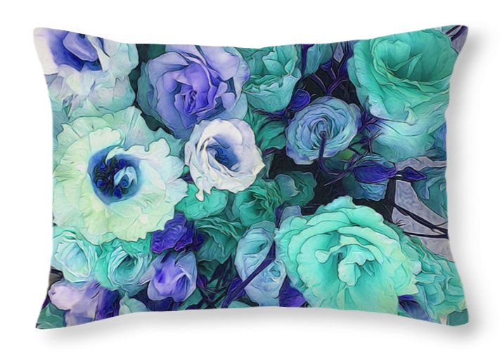 Aqua Flowers Kaleidoscope - Throw Pillow