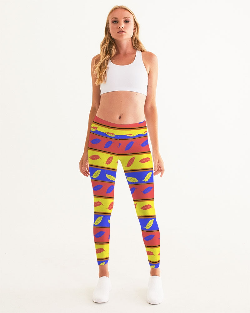 Red Yellow and Blue Leaf Stripes Women's Yoga Pants