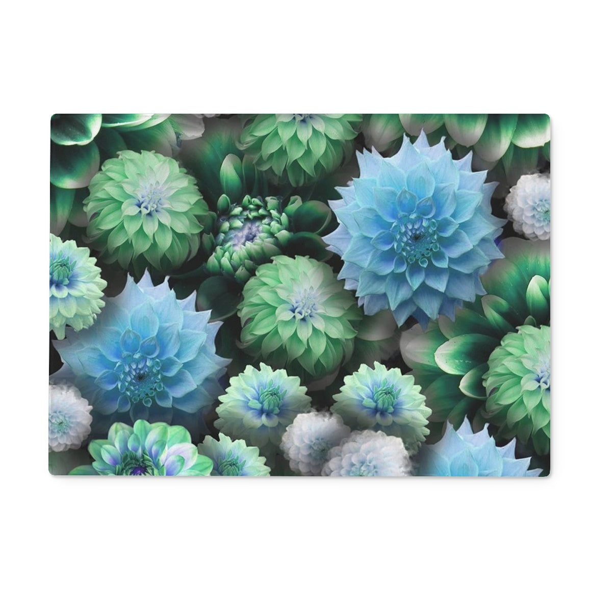 Blue Green Dahlias Glass Chopping Board